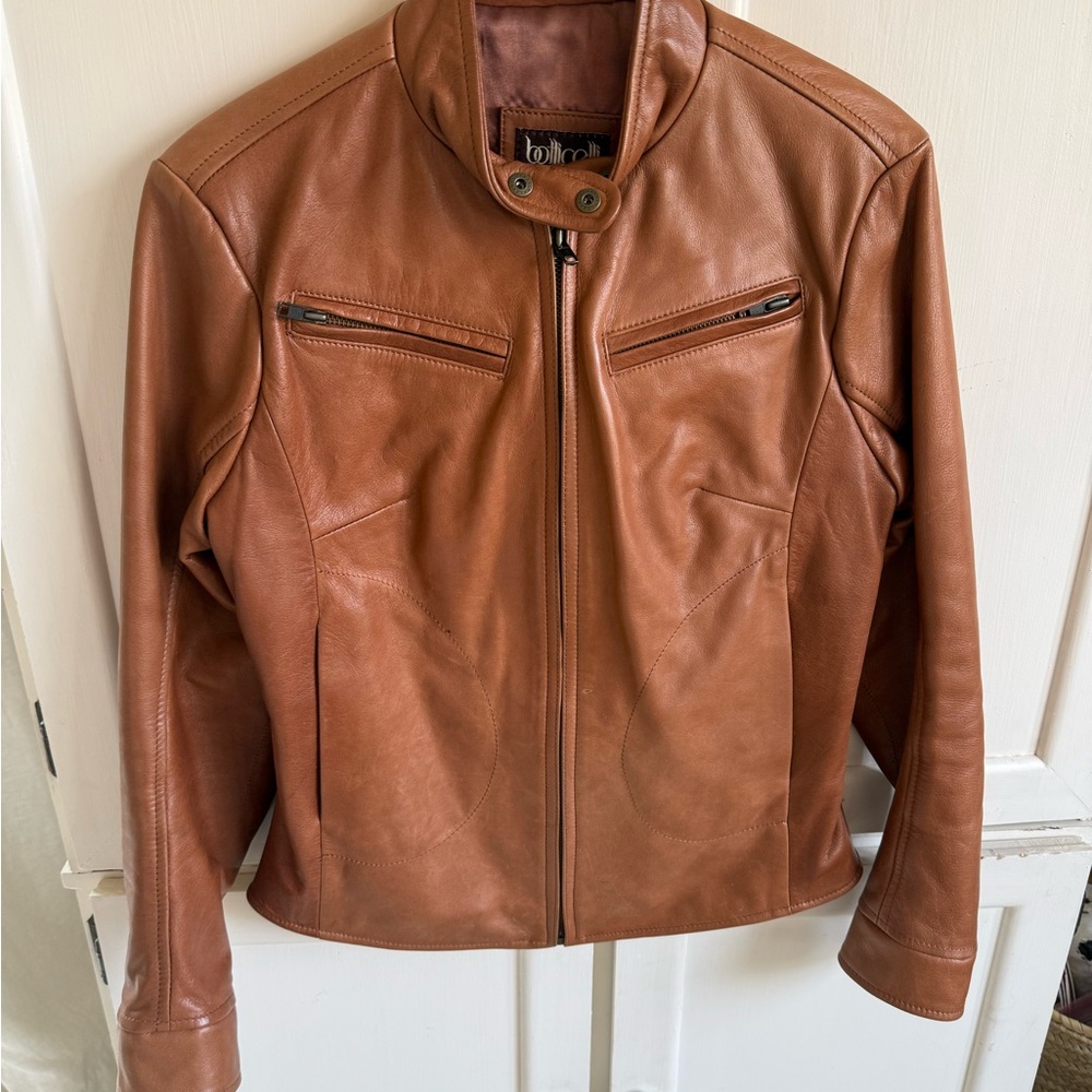Botticelli Genuine Leather Jacket Cognac Brown Fitted Moto Style